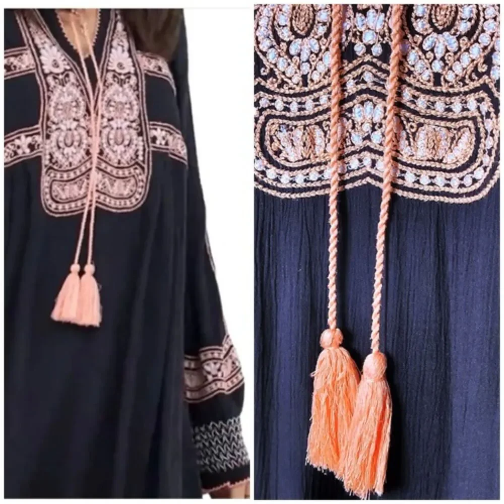 FREE PEOPLE Wind Willow Embroidered Boho Mini Dress V-neck Tassels Western Sz‎ M